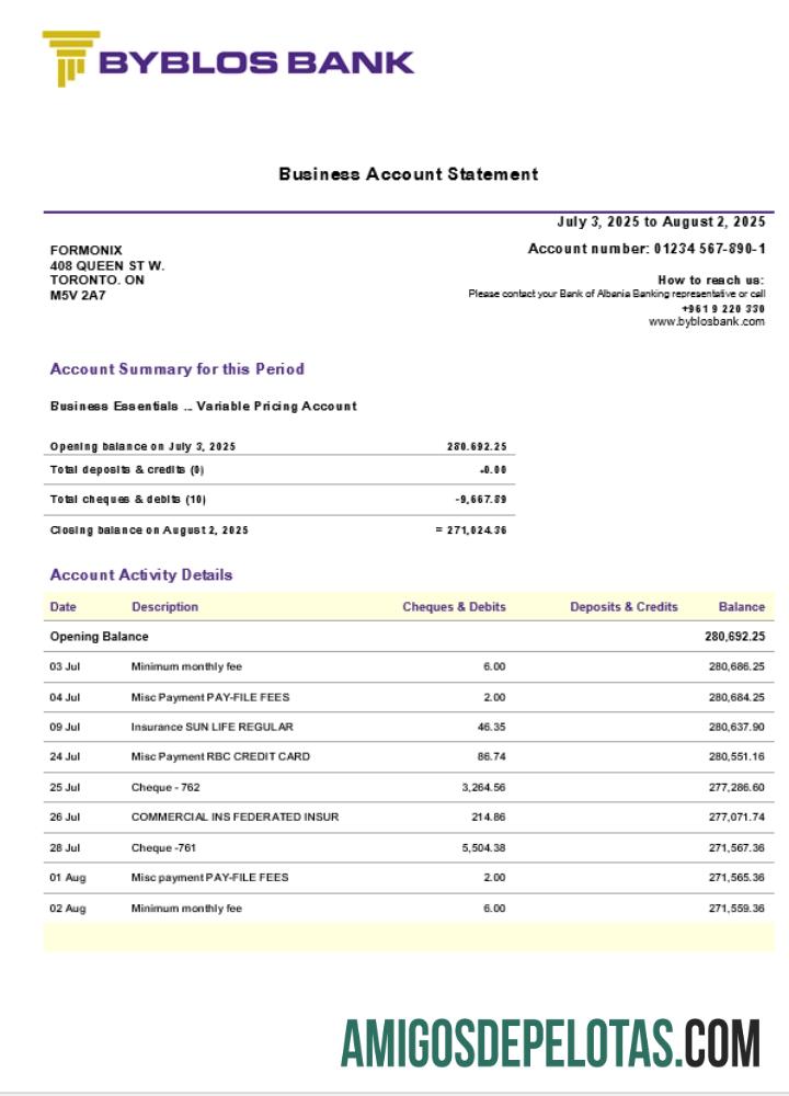 Extrato bancário comercial de Byblos em formato Word e PDF (1) exemplo
